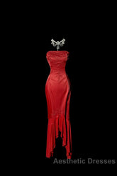 Vintage High Low Strapless Red Long Evening Prom Gown Fairy Evening Prom Dresses